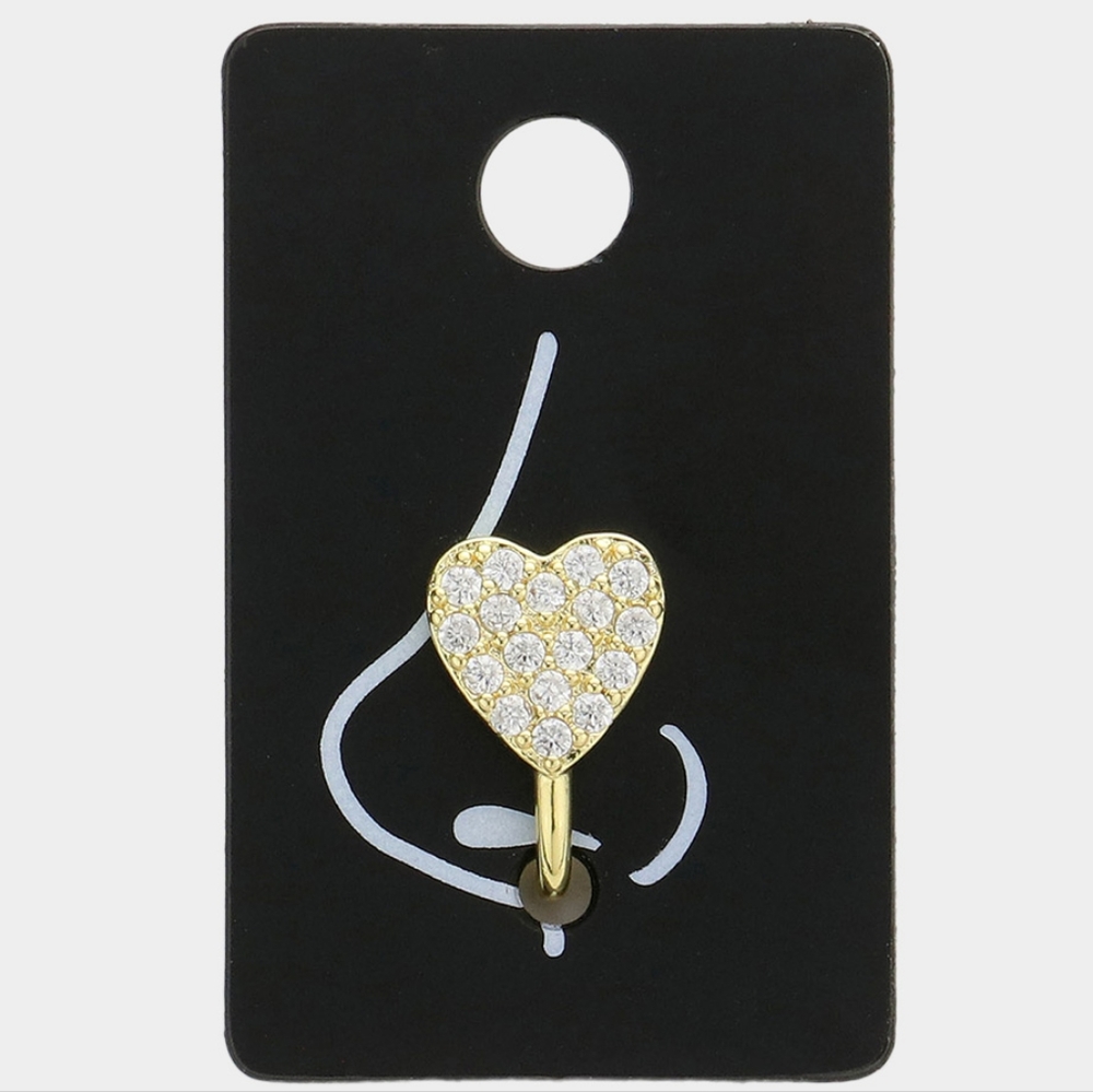 Gold Heart Nose Ring Clip Cuff Jewelry Cute Rhinestone Crystal